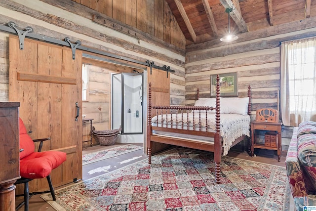 bedroom featuring wood ceiling, lofted ceiling with beams, wood walls, and a barn door
