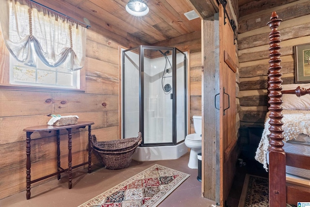 bathroom with rustic walls, toilet, a shower with door, and wooden ceiling