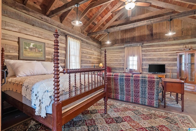 bedroom featuring log walls, high vaulted ceiling, wood ceiling, and beamed ceiling