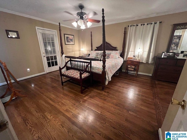 bedroom with ceiling fan, dark wood-type flooring, and ornamental molding