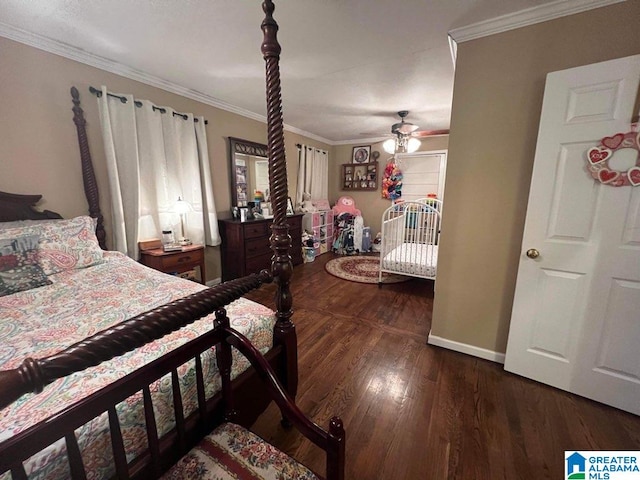 bedroom featuring ornamental molding, ceiling fan, and dark wood-type flooring