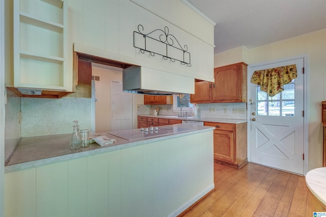 kitchen featuring backsplash, sink, black electric cooktop, light hardwood / wood-style floors, and dishwasher