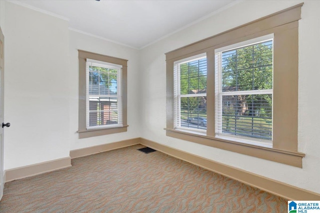 empty room with crown molding, carpet, and a wealth of natural light