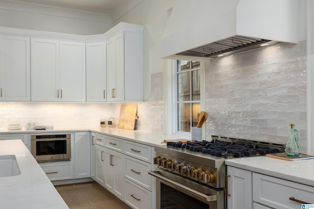 kitchen with decorative backsplash, white cabinets, stainless steel appliances, and custom exhaust hood