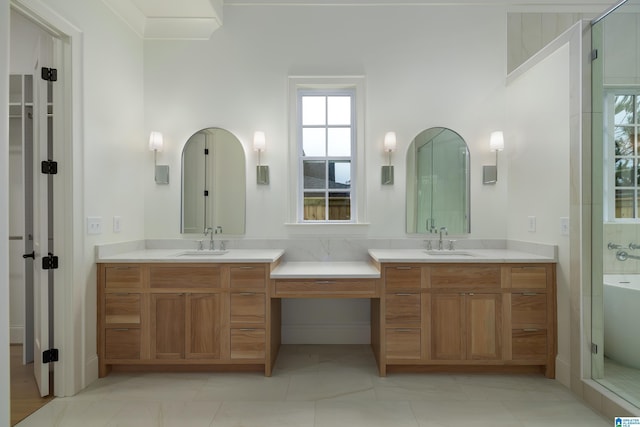 bathroom featuring tile patterned flooring, vanity, and separate shower and tub