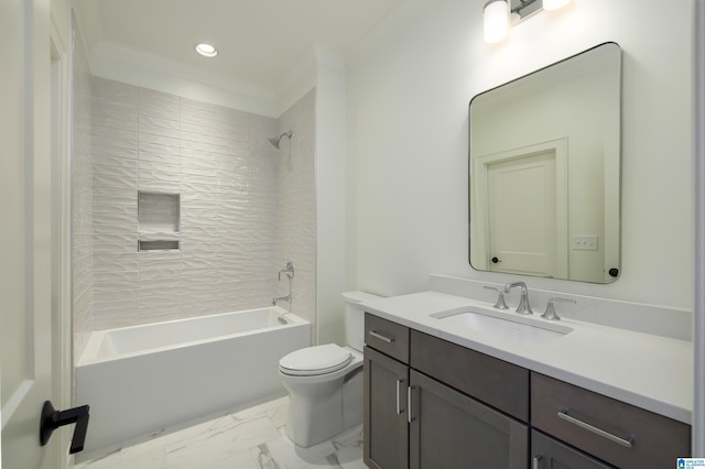 full bathroom featuring toilet, vanity, tiled shower / bath combo, and ornamental molding