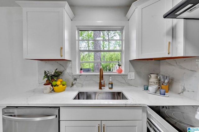 kitchen with sink, backsplash, white cabinets, and dishwasher