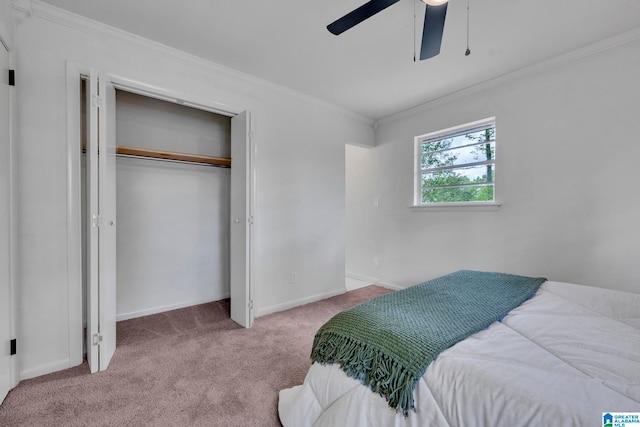 carpeted bedroom with ornamental molding, ceiling fan, and a closet