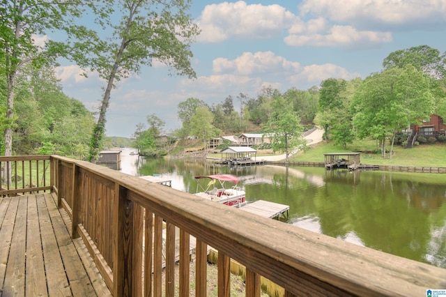 wooden deck featuring a water view and a dock