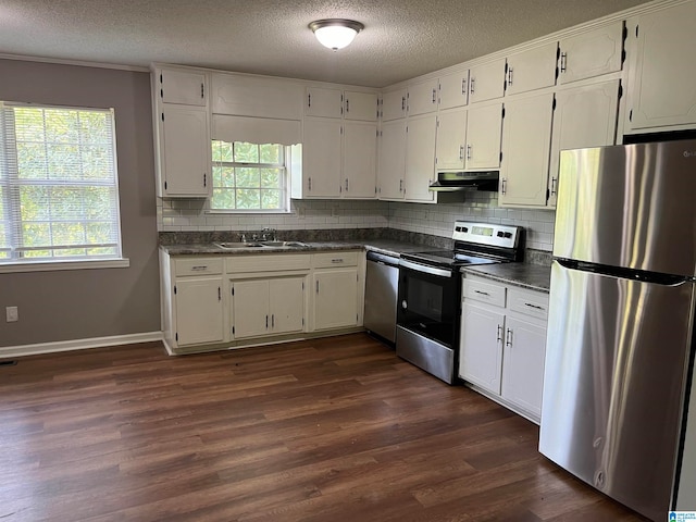 kitchen featuring white cabinets, appliances with stainless steel finishes, a healthy amount of sunlight, and dark wood-type flooring