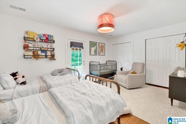 bedroom featuring multiple closets and wood-type flooring