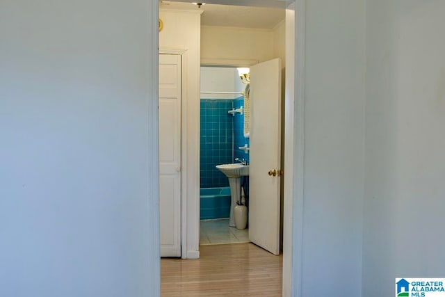 corridor featuring light hardwood / wood-style floors and crown molding