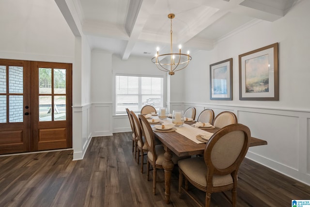 dining space featuring beamed ceiling, coffered ceiling, dark hardwood / wood-style flooring, french doors, and an inviting chandelier