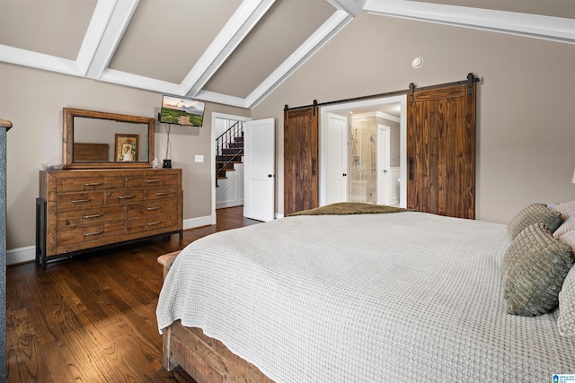 bedroom with dark wood-type flooring, vaulted ceiling with beams, and a barn door