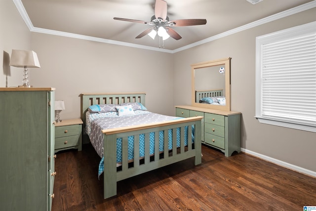 bedroom with ceiling fan, dark wood-type flooring, and crown molding