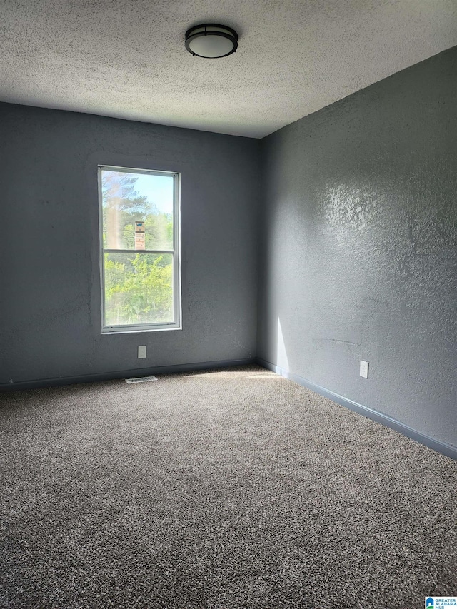 spare room featuring a textured ceiling and carpet floors