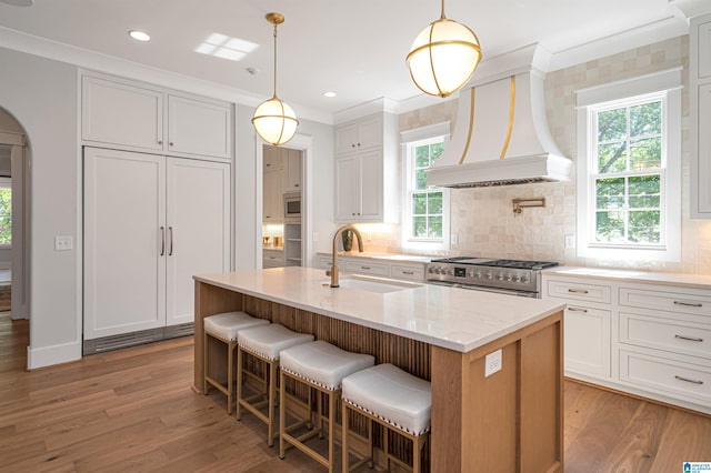 kitchen with an island with sink, premium range hood, built in appliances, and hardwood / wood-style flooring