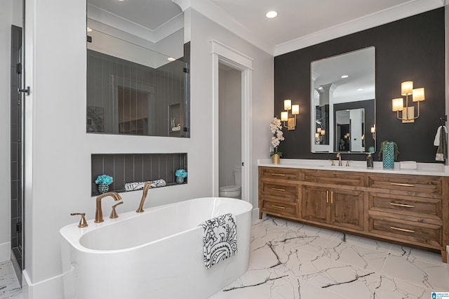 bathroom featuring tile flooring, vanity with extensive cabinet space, crown molding, and toilet