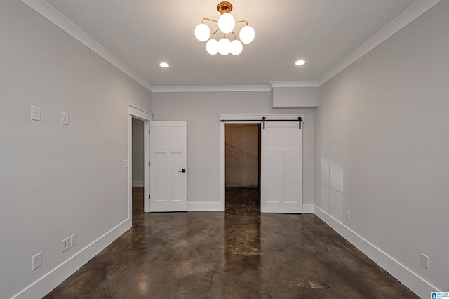 unfurnished bedroom with a barn door, ornamental molding, and a closet