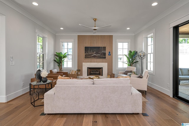 living room featuring hardwood / wood-style floors, plenty of natural light, and a large fireplace