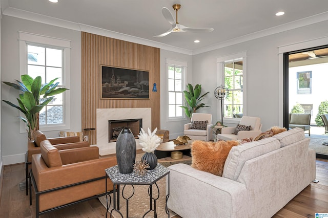 living room featuring dark wood-type flooring, ceiling fan, a high end fireplace, and crown molding