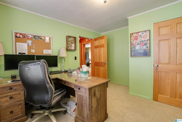 office with light carpet and crown molding