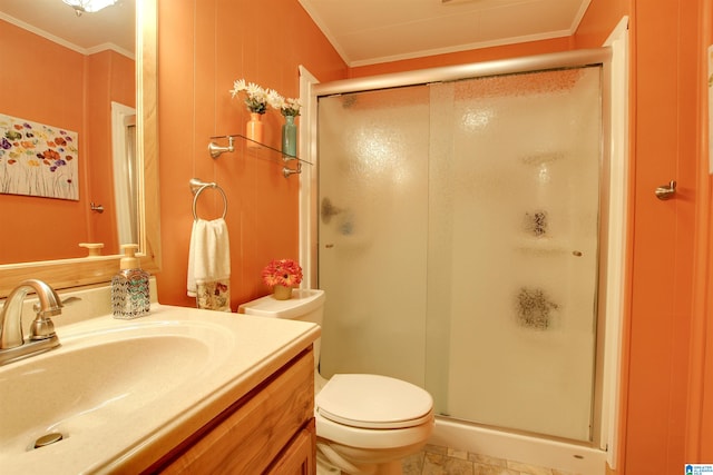 bathroom featuring an enclosed shower, tile floors, vanity, ornamental molding, and toilet