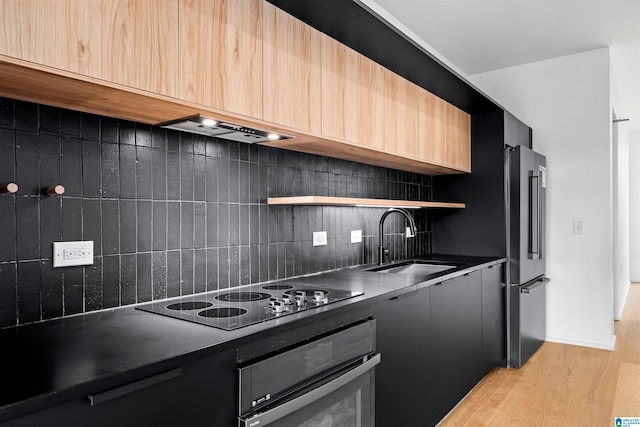 kitchen with tasteful backsplash, stainless steel appliances, light wood-type flooring, ventilation hood, and sink