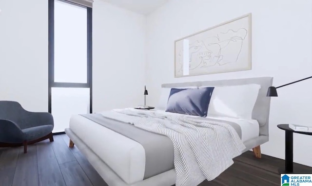 bedroom with dark hardwood / wood-style floors and expansive windows