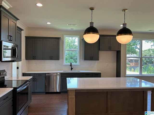 kitchen featuring decorative light fixtures, dark hardwood / wood-style flooring, backsplash, stainless steel appliances, and sink