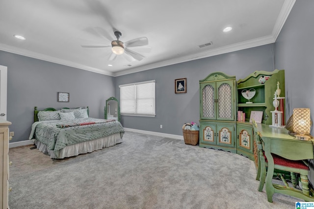 carpeted bedroom featuring crown molding and ceiling fan