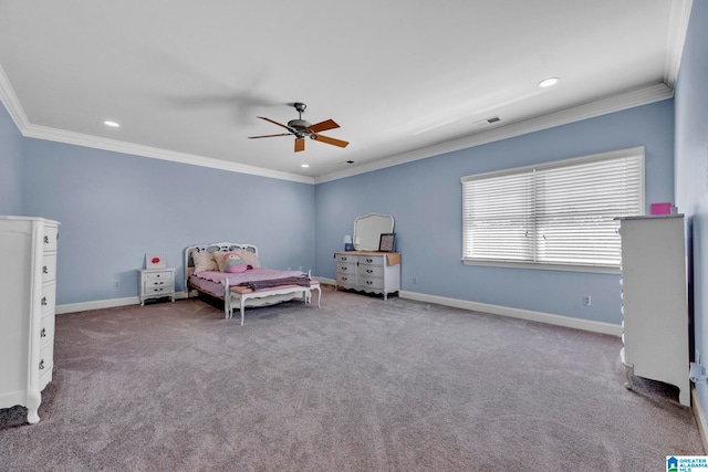 bedroom featuring carpet flooring, crown molding, and ceiling fan