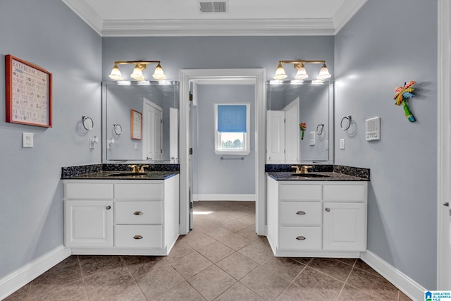 bathroom with crown molding, tile floors, and double sink vanity