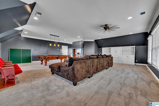 carpeted cinema room featuring vaulted ceiling, billiards, ceiling fan, and crown molding