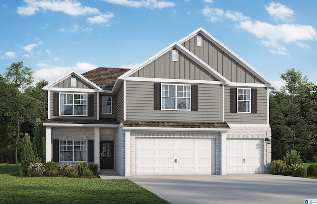 view of front of property featuring an attached garage, a shingled roof, brick siding, driveway, and board and batten siding