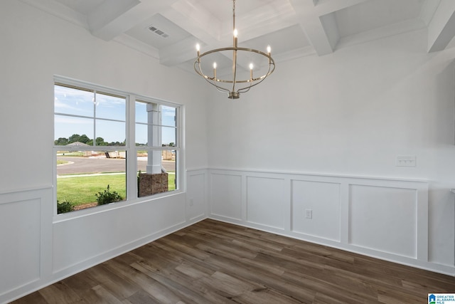 unfurnished room featuring beamed ceiling, dark wood finished floors, visible vents, and an inviting chandelier