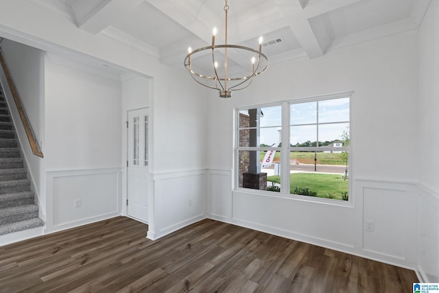 unfurnished dining area featuring visible vents, wainscoting, dark wood-style floors, stairway, and beamed ceiling