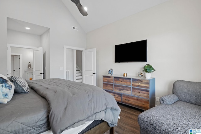 bedroom featuring ceiling fan, high vaulted ceiling, and dark wood-type flooring