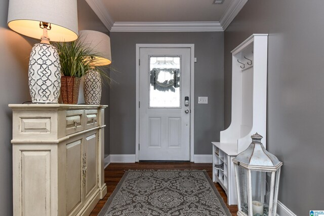 doorway featuring dark hardwood / wood-style flooring and ornamental molding