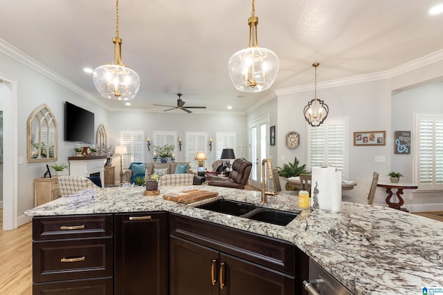 kitchen with a wealth of natural light, sink, ceiling fan with notable chandelier, and light wood-type flooring