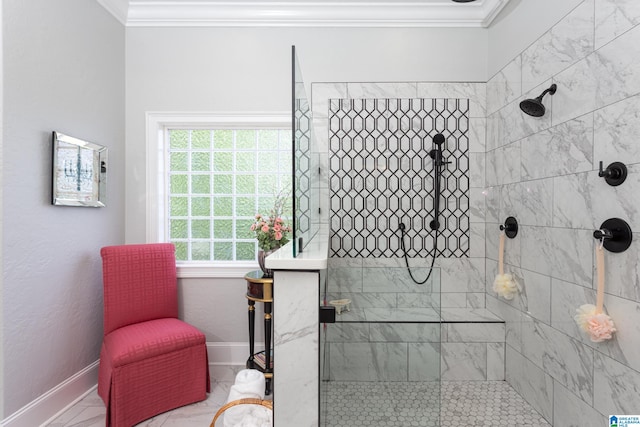 bathroom with walk in shower and crown molding