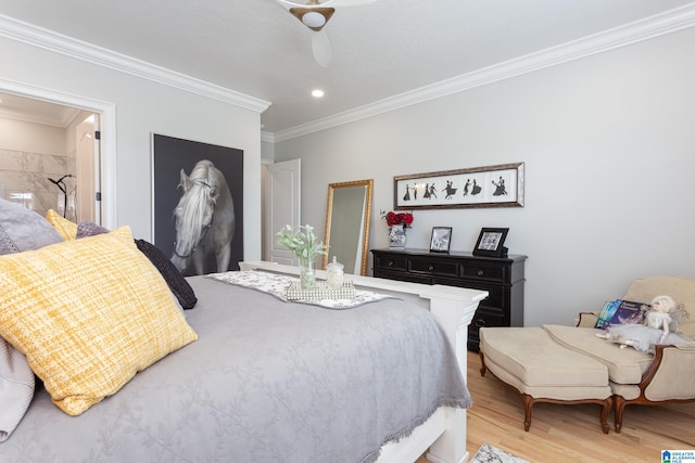 bedroom with ceiling fan, light hardwood / wood-style floors, and crown molding