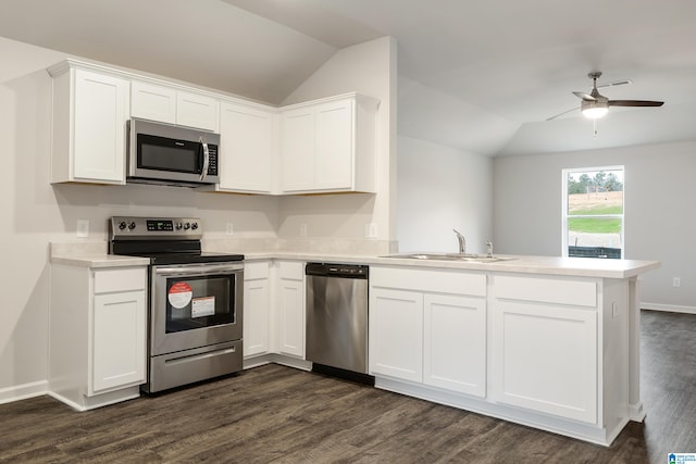 kitchen with lofted ceiling, white cabinets, appliances with stainless steel finishes, dark hardwood / wood-style flooring, and kitchen peninsula