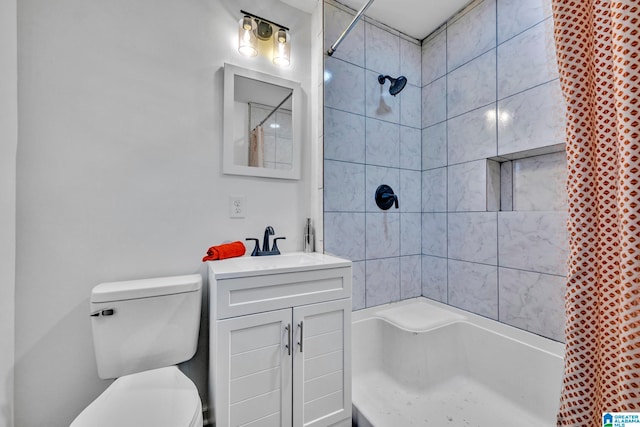 full bathroom with vanity, toilet, and shower / bath combo with shower curtain