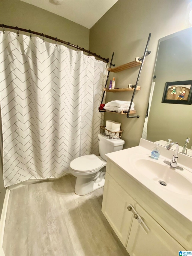 bathroom with toilet, vanity, and hardwood / wood-style flooring