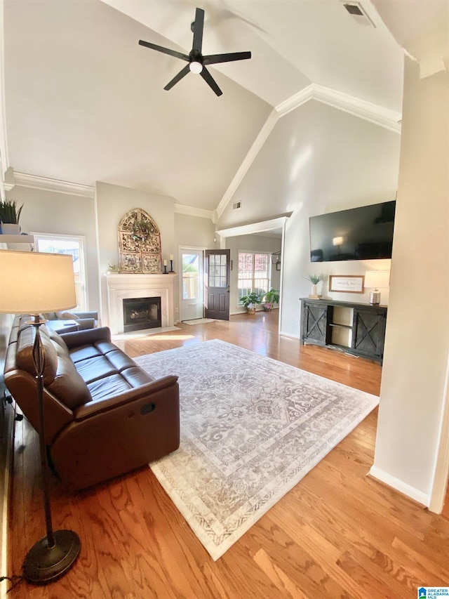 living room featuring a healthy amount of sunlight, ceiling fan, light hardwood / wood-style floors, and vaulted ceiling