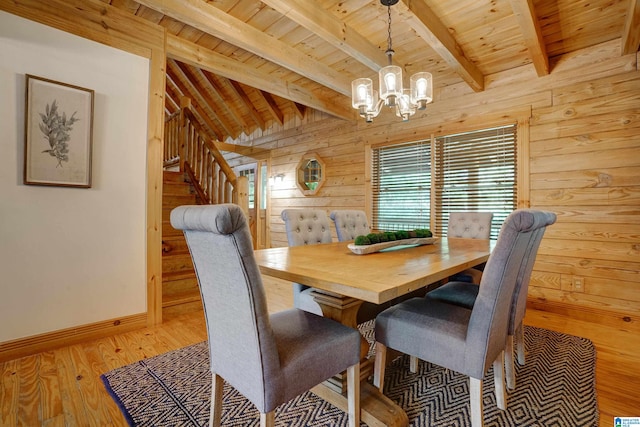 dining area featuring wood walls, light hardwood / wood-style floors, beamed ceiling, wood ceiling, and an inviting chandelier