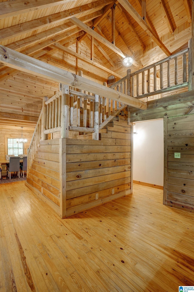 staircase with wooden ceiling, wood walls, and light wood-type flooring