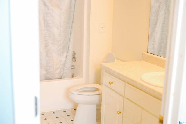 full bathroom featuring vanity, shower / bath combination with curtain, and toilet