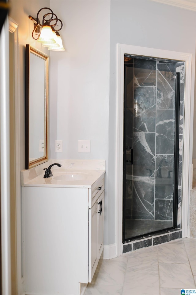 bathroom featuring vanity and walk in shower